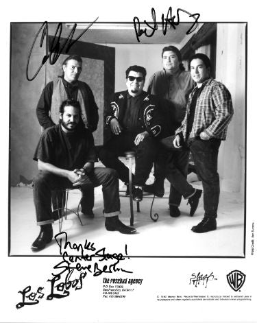 Los Lobos Band 1990 Warner Bros Records BW Promo 3 sig Photograph– BAS (Berlin/Hidalgo/Lozano) - Autographed-Powers Sports Memorabilia