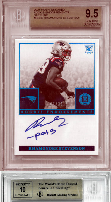 Rhamondre Stevenson 2021 Panini Encased Rookie Endorsements Sapphire Card (RC) #RE-RS- 27/35- BGS Graded 9.5 Gem Mint/10 Auto-Powers Sports Memorabilia