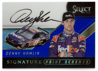 Denny Hamlin Autographed 2017 Panini Select Racing Paint Schemes NASCAR On Card Auto #SPS-DH- 35/50 (Fed Ex)-Powers Sports Memorabilia