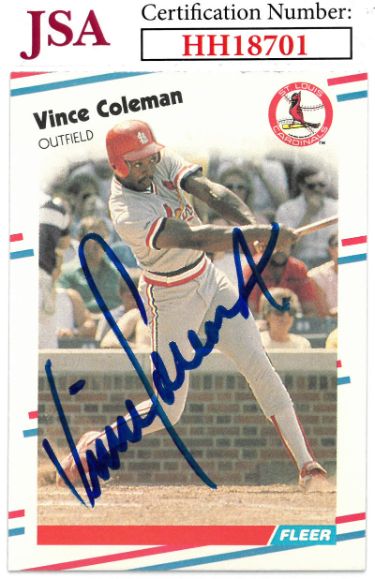 Vince Coleman Autographed 1988 Fleer Baseball On Card Auto #27- JSA #HH18701 (St. Louis Cardinals)-Powers Sports Memorabilia