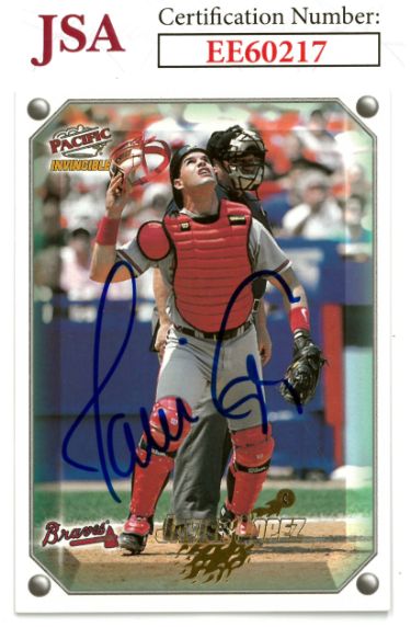 Javy Lopez Autographed 1998 Pacific Invincible Baseball On Card Auto #121- JSA #EE60217 (Atlanta Braves)-Powers Sports Memorabilia