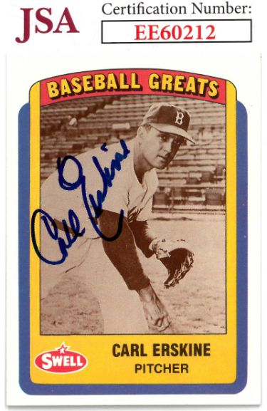 Carl Erskine Autographed 1990 Swell Baseball Greats On Card Auto #36- JSA #EE60212 (Dodgers)-Powers Sports Memorabilia