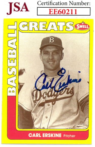 Carl Erskine Autographed 1990 Swell Baseball Greats On Card Auto #27- JSA #EE60211 (Dodgers)-Powers Sports Memorabilia
