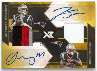 Jarrett Stidham/Sony Michel Autographed 2020 Panini XR Football Dual Patch Auto Card #DAS-NE- 2/3 (New England Patriots)-Powers Sports Memorabilia