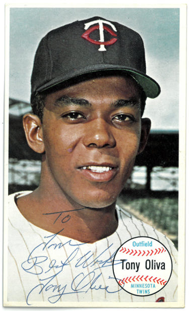 Tony Oliva Autographed 1964 Topps Giants Baseball Card To Tom Best Wishes #44- COA (Minnesota Twins)-Powers Sports Memorabilia