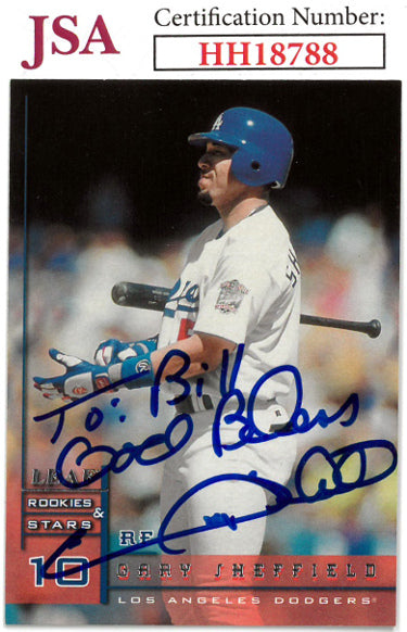 Gary Sheffield Autographed 1998 Leaf Rookies & Stars Baseball On Card Auto To Bill #9- JSA #HH18788 (Los Angeles Dodgers)-Powers Sports Memorabilia