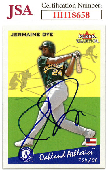 Jermaine Dye Autographed 2002 Fleer Tradition Baseball On Card Auto #212- JSA #HH18658 (Oakland Athletics)-Powers Sports Memorabilia