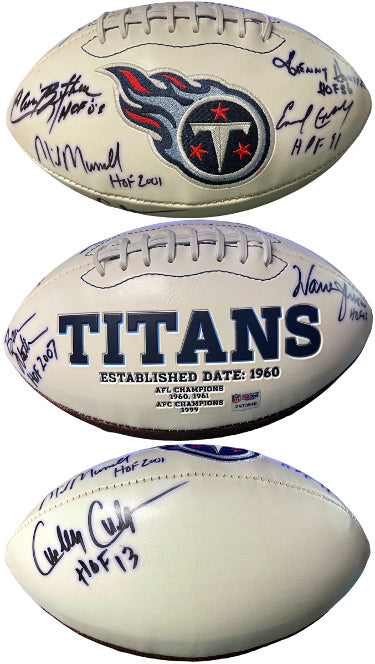 Earl Campbell/Kenny Houston/Elvin Bethea/Curley Culp/Mike Munchak Autographed Tennessee Titans Logo Football ?Çô PSA (Oilers HOF-7 sig)-Powers Sports Memorabilia