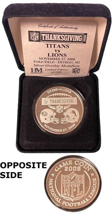 2008 NFL Thanksgiving Tennessee Titans vs Detroit Lions Official Highland Mint Silver Overlay Medallion Game Coin (RARE/NEW)-Powers Sports Memorabilia