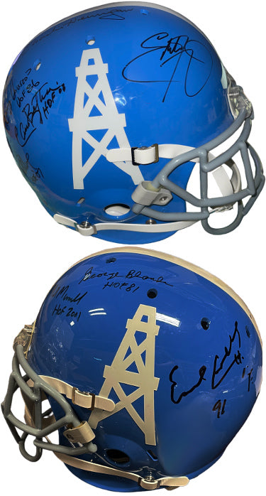 Houston Oilers Autographed OFC Riddell NFL TB Helmet 8 Legends sigs George Blanda/Bruce Matthews/Earl Campbell/E. George/Bethea?ÇôPSA-Powers Sports Memorabilia