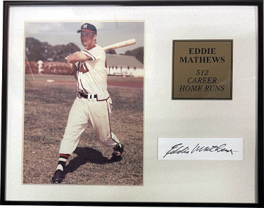 Eddie Mathews Autographed Milwaukee Braves 1x3 Cut Sig Strip, 5x7 Photograph, 512 HR Nameplate- - Custom Metal Framing- COA-Powers Sports Memorabilia