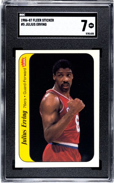 Julius Erving 1986-87 Fleer Sticker Card #5- SGC Graded 7 NM (Philadelphia 76ers)-Powers Sports Memorabilia