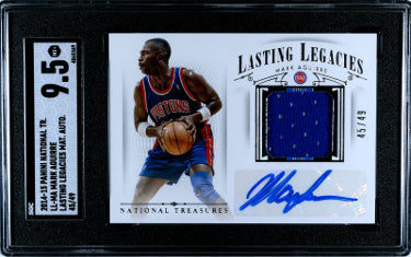 Mark Aguirre Autographed 2014-15 Panini National Treasures Lasting Legacies Game Worn Material Auto Card #LL-MA /49-SGC Graded 9.5 MT-Powers Sports Memorabilia