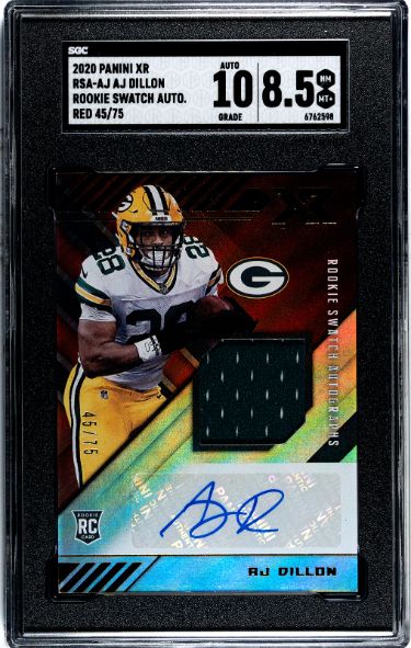 AJ (A.J.) Dillon Autographed 2020 Panini XR Rookie Swatch Red Auto Card RPA (RC) #RSA-AJ- /75- SGC Graded 8.5 NM-MT+/10 Auto Grade-Powers Sports Memorabilia
