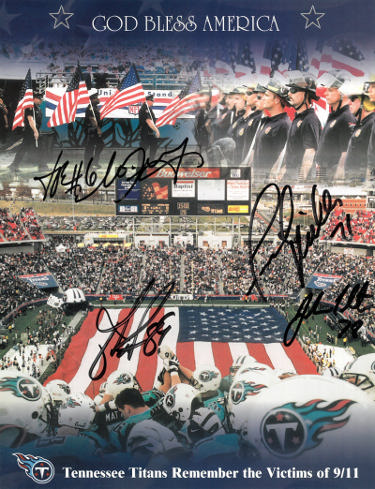 2001 Tennessee Titans Remember The Victims of 9/11 Autographed 8.5x11 God Bless America Photo -4 Sigs Frank Wycheck/Miller/Nedney-Powers Sports Memorabilia