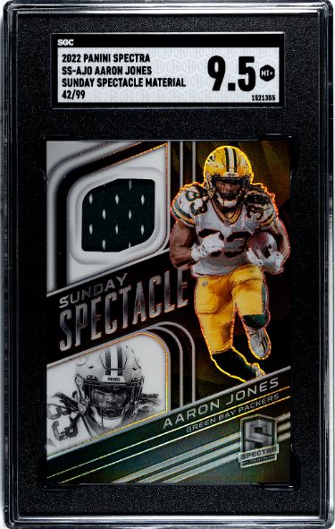 Aaron Jones 2022 Panini Spectra Sunday Spectacle Material Card #SS-AJO- /99- SGC Graded 9.5 MT+ (Green Bay Packers)-Powers Sports Memorabilia