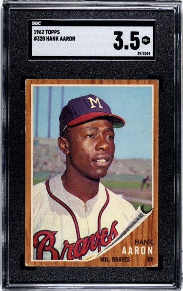 Hank Aaron 1962 Topps Baseball Card #320- SGC Graded 3.5 VG+ (Centered/Milwaukee Braves)-Powers Sports Memorabilia