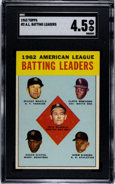 1963 Topps Card AL Batting Leaders #2- Mickey Mantle- SGC Graded 4.5 VG-EX+ (w/ Runnels/Robinson/Hinton/Siebern)-Powers Sports Memorabilia