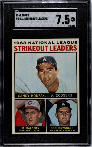 Sandy Koufax/Don Drysdale 1964 Topps NL Strikeout Leaders Card #5- SGC Graded 7.5 NM+ (w/Jim Maloney)-Powers Sports Memorabilia