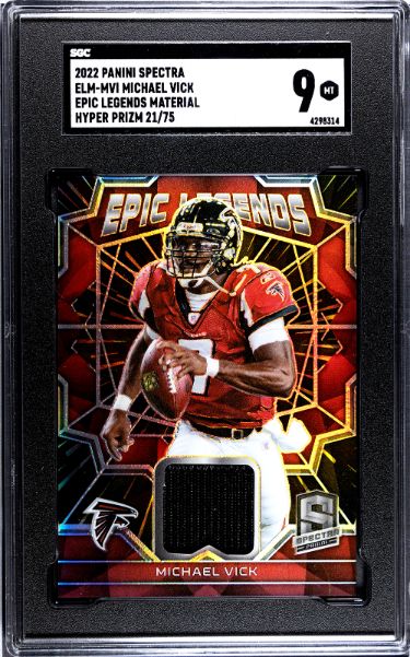 Michael Vick 2022 Panini Spectra Epic Legends Material Hyper Prizm Card #ELM-MVI- /75- SGC Graded 9 Mint (Atlanta Falcons)-Powers Sports Memorabilia