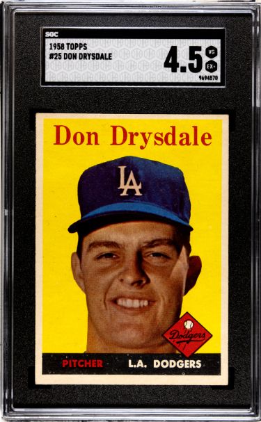 Don Drysdale 1958 Topps Baseball Card #25- SGC Graded 4.5 VG-EX+ (Los Angeles Dodgers)-Powers Sports Memorabilia