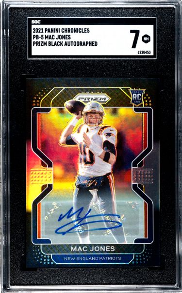 Mac Jones Autographed 2021 Panini Chronicles Prizm Black Rookie Auto Card (RC) #PB-5- SGC Graded 7 NM (New England Patriots)-Powers Sports Memorabilia