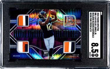 Velus Jones, Jr. 2022 Panini Spectra Building Blocks Materials Neon Pink Prizm Rookie Card #BBL-VJO- /15- SGC Graded 8.5 NM-MT+-Powers Sports Memorabilia