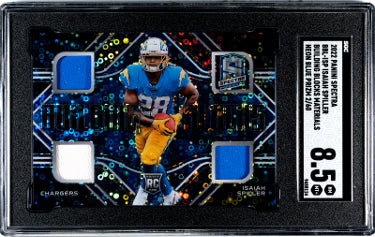 Isaiah Spiller 2022 Panini Spectra Building Blocks Material Neon Blue Prizm Rookie Card (RC) #BBL-ISP- /60-SGC Graded 8.5 NM-MT+-Powers Sports Memorabilia