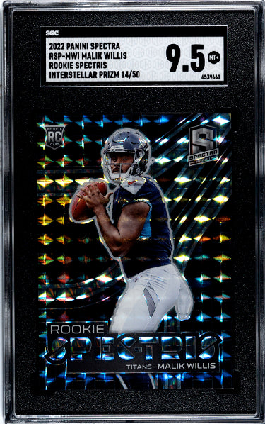 Malik Willis 2022 Panini Spectra Rookie Spectris Interstellar Prizm Card (RC) #RSP-MWI- 14/50- SGC Graded 9.5 Mint+ (Titans)-Powers Sports Memorabilia