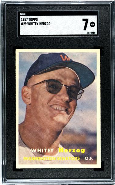 Whitey Herzog 1957 Topps Baseball Rookie Card (RC) #29- SGC Graded 7 NM (Washington Senators/HOF)-Powers Sports Memorabilia