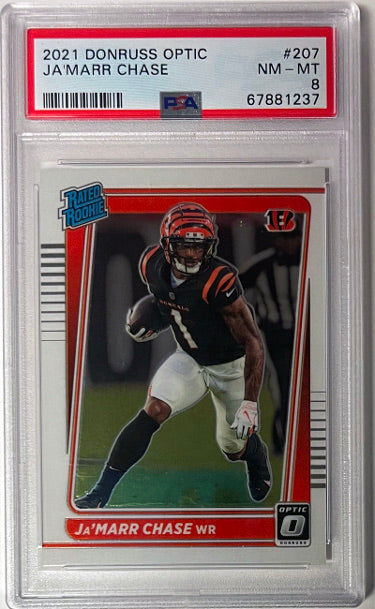 Ja'Marr Chase 2021 Panini Donruss Optic Rated Rookie Card (RC) #207- PSA Graded 8 NM-MT (Cincinnati Bengals)-Powers Sports Memorabilia