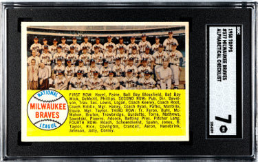 1958 Topps Milwaukee Braves Team Alphabetical Checklist Baseball Card #377- SGC Graded 7 NM Hank Aaron-Powers Sports Memorabilia
