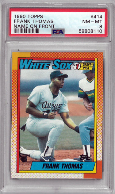 Frank Thomas 1990 Topps Baseball Rookie Card (RC) #414- Name on Front- PSA Graded 8 NM-MT (Chicago White Sox/HOF)-Powers Sports Memorabilia