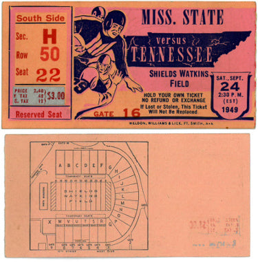 1949 Mississippi State College vs Tennessee Volunteers Scott Field Vintage Football Game Ticket Stub 09/24/49 (Very Rare)-Powers Sports Memorabilia