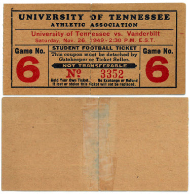 1949 Vanderbilt vs Tennessee Volunteers Shields Watkins Field Vintage Football Full Unused Student Game Ticket 11/26/49 (Rare)-Powers Sports Memorabilia
