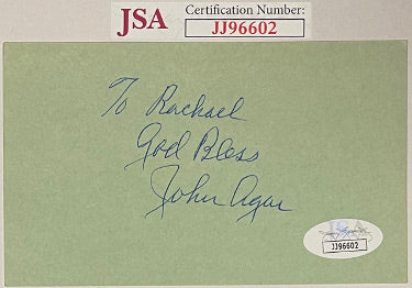 John Agar Autographed 3x5 Index Card To Rachael God Bless- JSA #JJ96602-Powers Sports Memorabilia