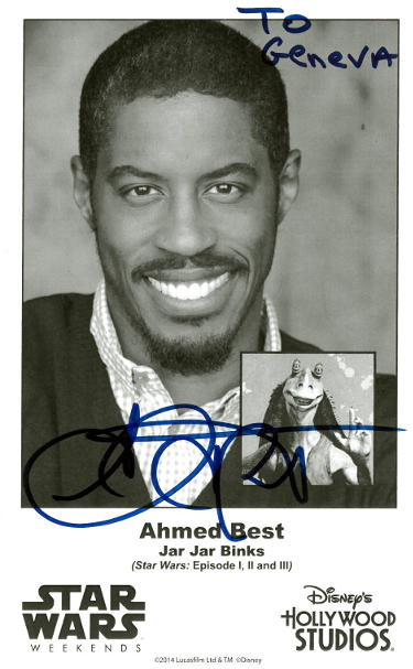 Ahmed Best Autographed Jar Jar Binks Star Wars Weekends 4.75x7.75 B&W Photo To Geneva- COA (Disney's Hollywood Studios)-Powers Sports Memorabilia