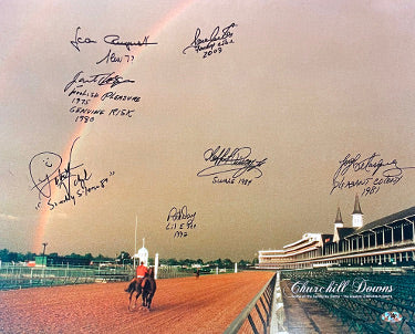 Churchill Downs Kentucky Derby Winners Autographed 16x20 Photo 7 sigs- MAB- Jean Cruguet/Laffit Pincay/Pat Day/Jose Santos-Powers Sports Memorabilia