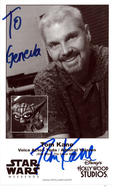Tom Kane Autographed Star Wars Weekends 4.75x7.75 B&W Photo To Geneva- COA (Voice of Yoda/Admiral Yularen/Disney's Hollywood Studios-Powers Sports Memorabilia