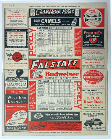 1941 St. Louis Cardinals/Pittsburgh Pirates Sportsman Park 11.25x14.25 Official 5 Cent Score Card (08/10/41)-Scored- PRISTINE-Powers Sports Memorabilia