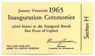 1965 Inaugural Stands - LBJ Johnson & Humphrey Inaugural Ceremonies Ticket (1-20-65)?Çô PRISTINE-Powers Sports Memorabilia