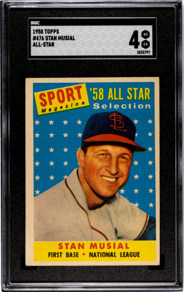 Stan Musial 1958 Topps All-Star Baseball Card #476- SGC Graded 4 VG-EX (St. Louis Cardinals/HOF)-Powers Sports Memorabilia
