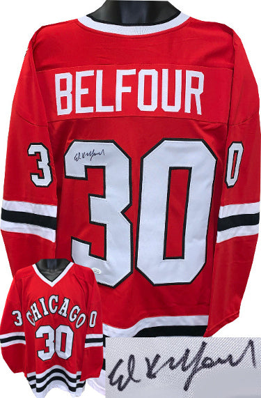 Ed Belfour Autographed Chicago Red TB Custom Stitched Hockey Jersey XL- JSA Witnessed-Powers Sports Memorabilia