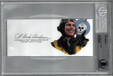 Col CE ?ǣBud?ǥ Anderson Autographed 3?ǥx6.5?ǥ cut signature w/ Image?Çô BAS/Beckett Encapsulated (WWII USAF Triple Ace Pilot P-51 Mustang)-Powers Sports Memorabilia
