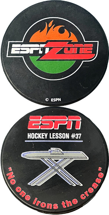 ESPN ZONE Vintage Official Hockey Puck- Lesson #37 "NO ONE IRONS THE CREASE"-Powers Sports Memorabilia