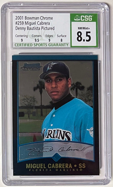 Miguel Cabrera 2001 Bowman Chrome Rookie Error Card (RC) #259 (Denny Bautista Pictured)- CSG Graded 8.5 NM-MT+ (Florida Marlins) - Collectible-Powers Sports Memorabilia