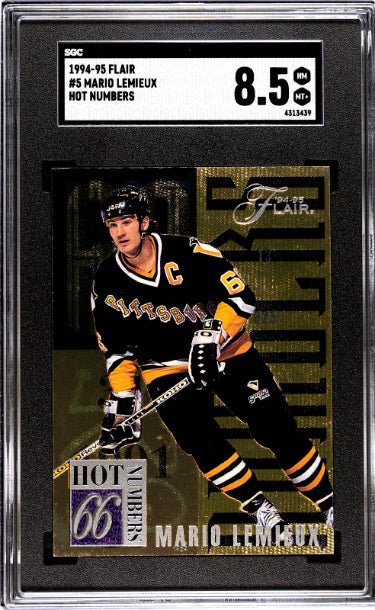 Mario Lemieux 1994-95 Flair Hot Numbers Card #5- SGC Graded 8.5 NM-MT+ (Pittsburgh Penguins)-Powers Sports Memorabilia