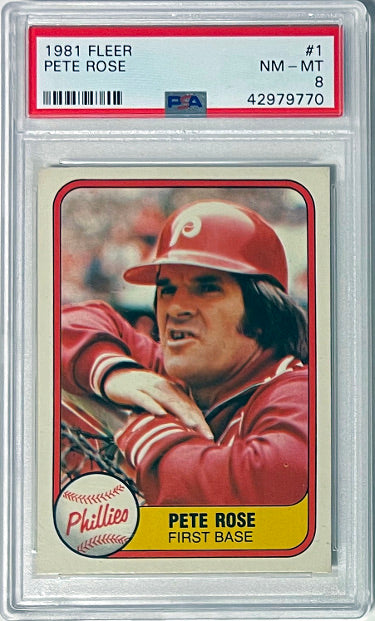 Pete Rose 1981 Fleer Baseball Card #1- PSA Graded 8 NM-MT (Philadelphia Phillies) - Collectible-Powers Sports Memorabilia