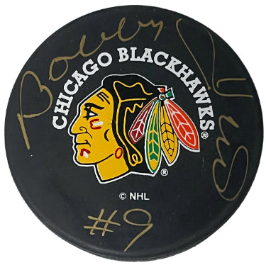 Bobby Hull Autographed Chicago Blackhawks Official NHL Hockey Puck #9- COA (HOF/Golden Jet/Canada)-Powers Sports Memorabilia