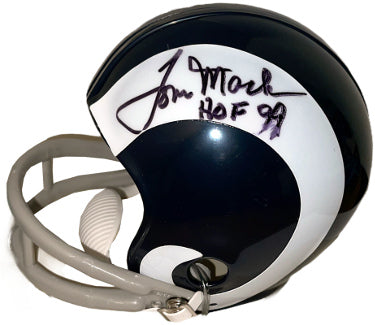 Tom Mack Autographed Los Angeles Rams Riddell TB 2-Bar Mini Helmet HOF 99 imperfect- COA-Powers Sports Memorabilia